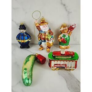 Christmas Blown Glass Tree Ornaments Harold Cop Cowboy Santa Cable Car Pickle x5
